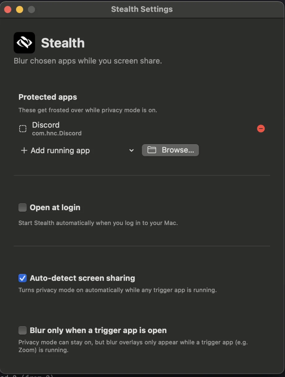 Stealth settings — protected apps list and auto-detect screen sharing options