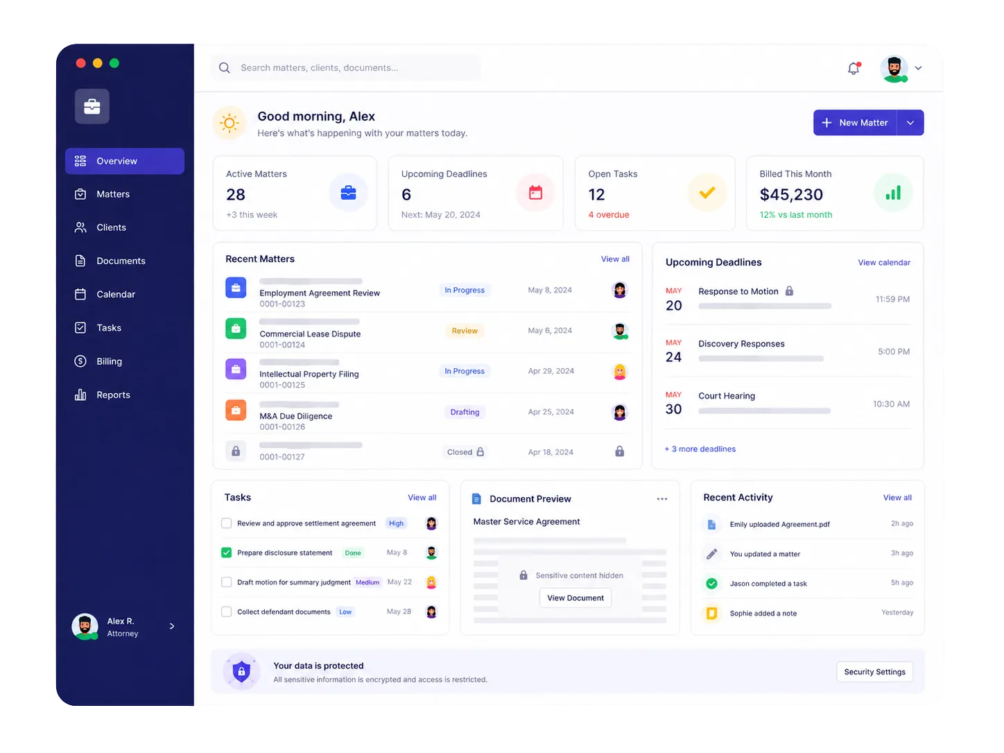 Legal matters dashboard with confidential client data