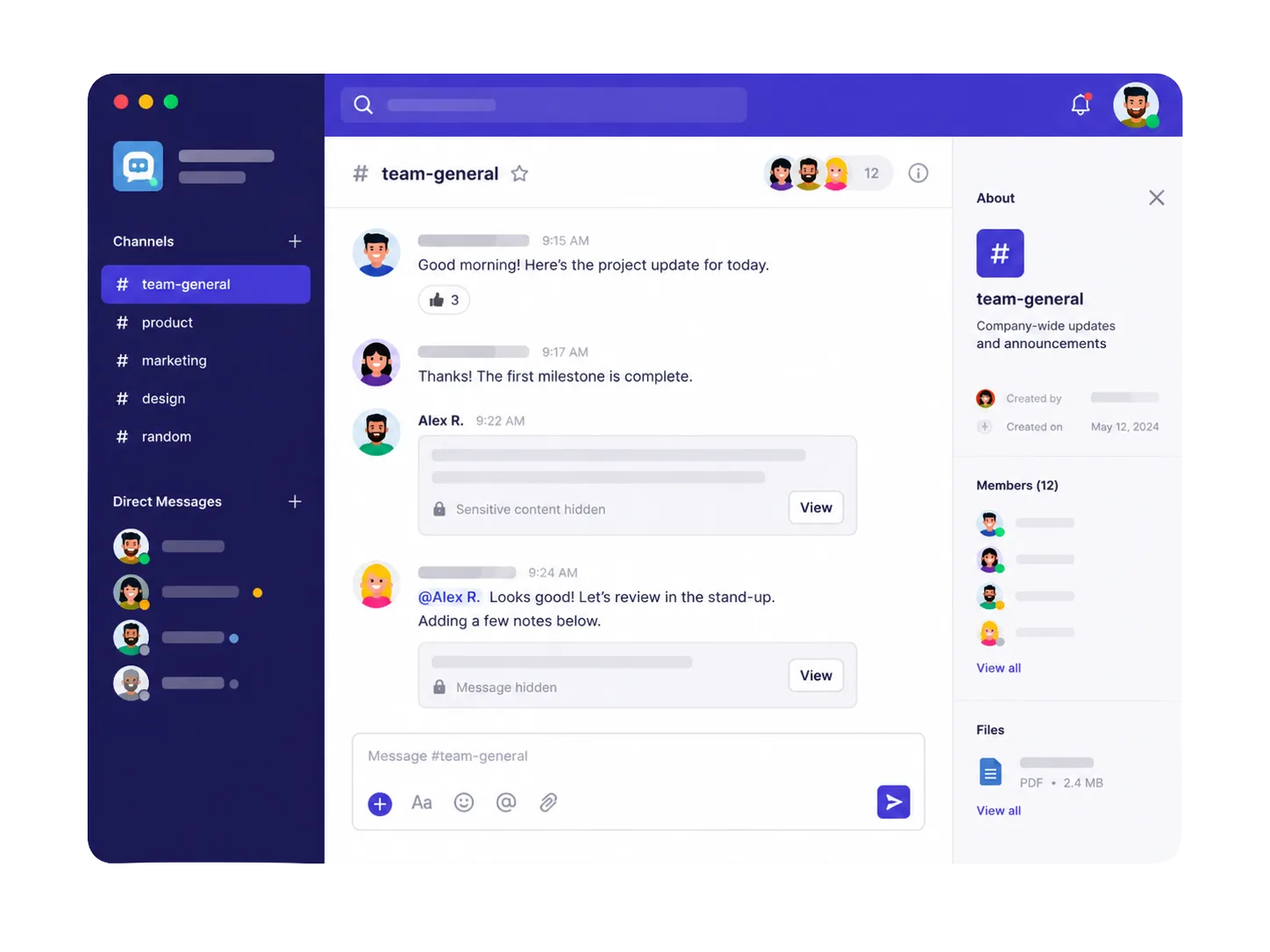 Team chat app with sensitive messages