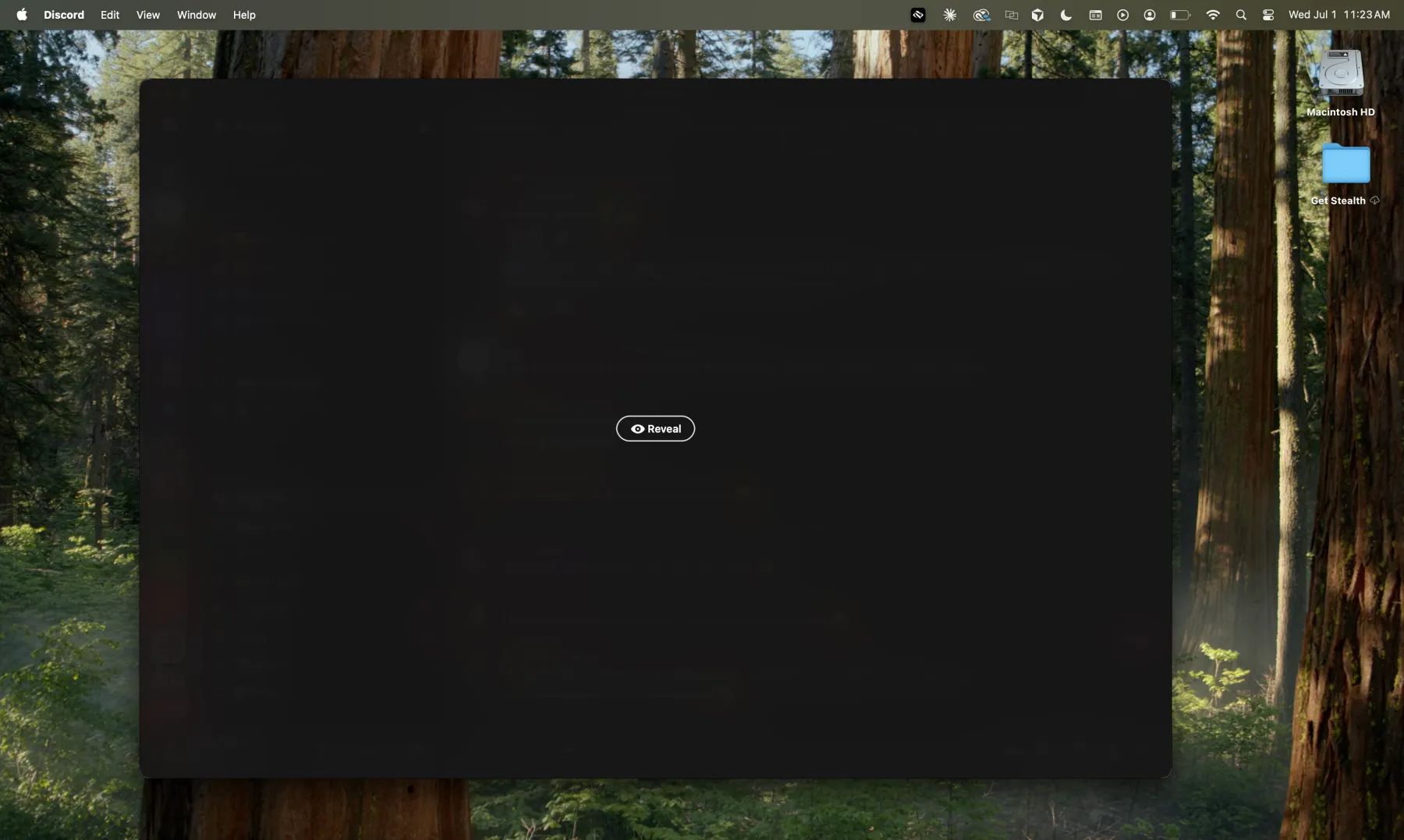 What screen share viewers see — the protected app is completely frosted over with a Reveal button